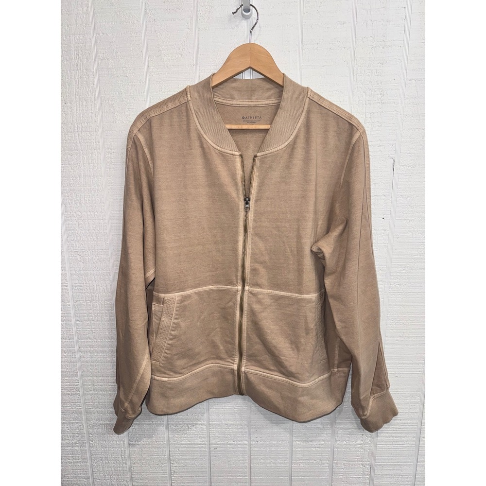 Athleta Bomber Jacket Women XLT Tan Full Zip Textured Athleisure Layering
